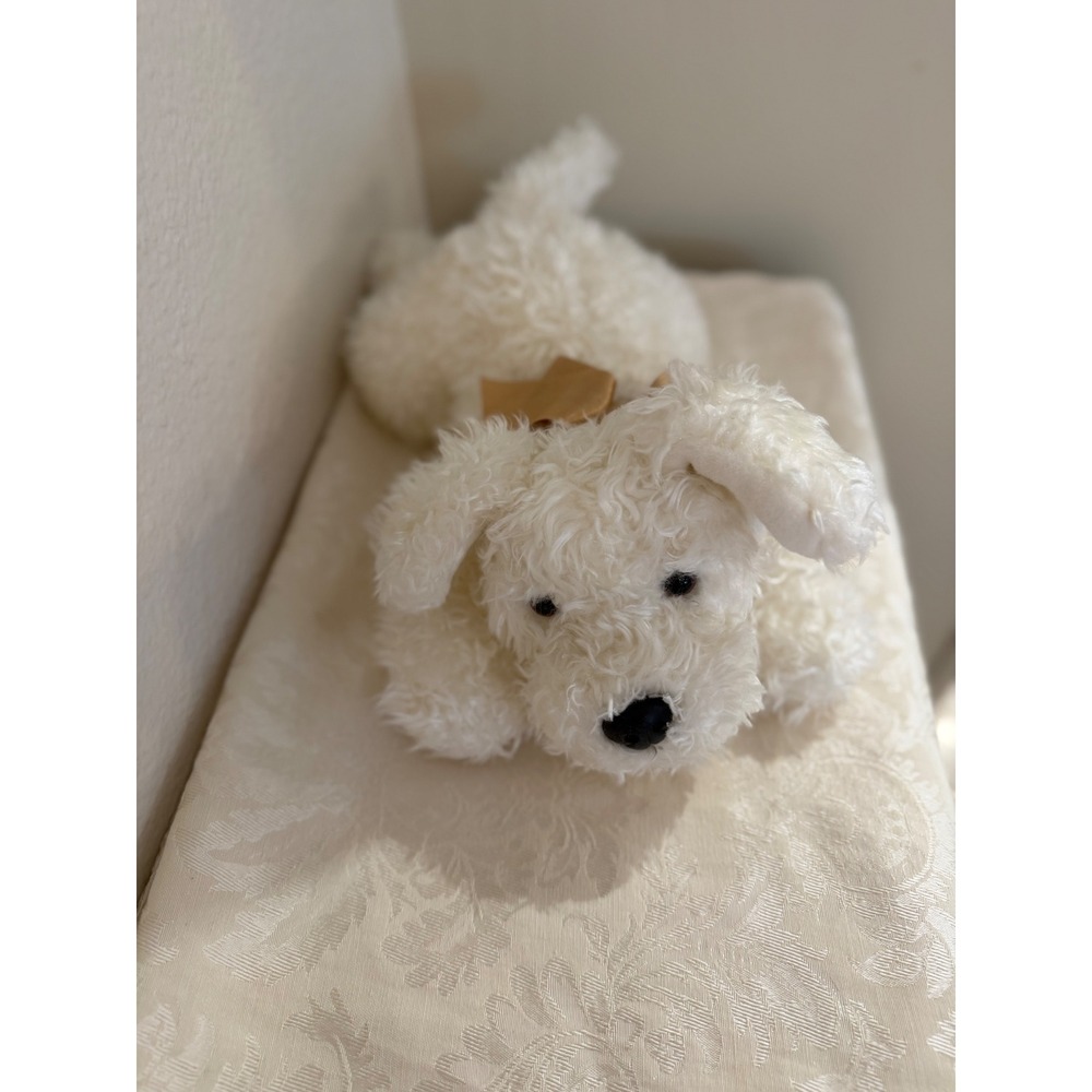 Gund White Curly Fur Terrier Puppy Dog Plush Stuffed Animal Tan Bow 14 Inch